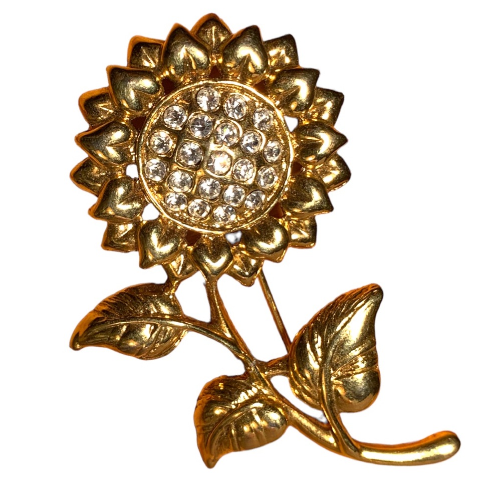 VTG Sunflower Crystal Rhinestone Gold Tone Etched Leaf Brooch Lapel Pin